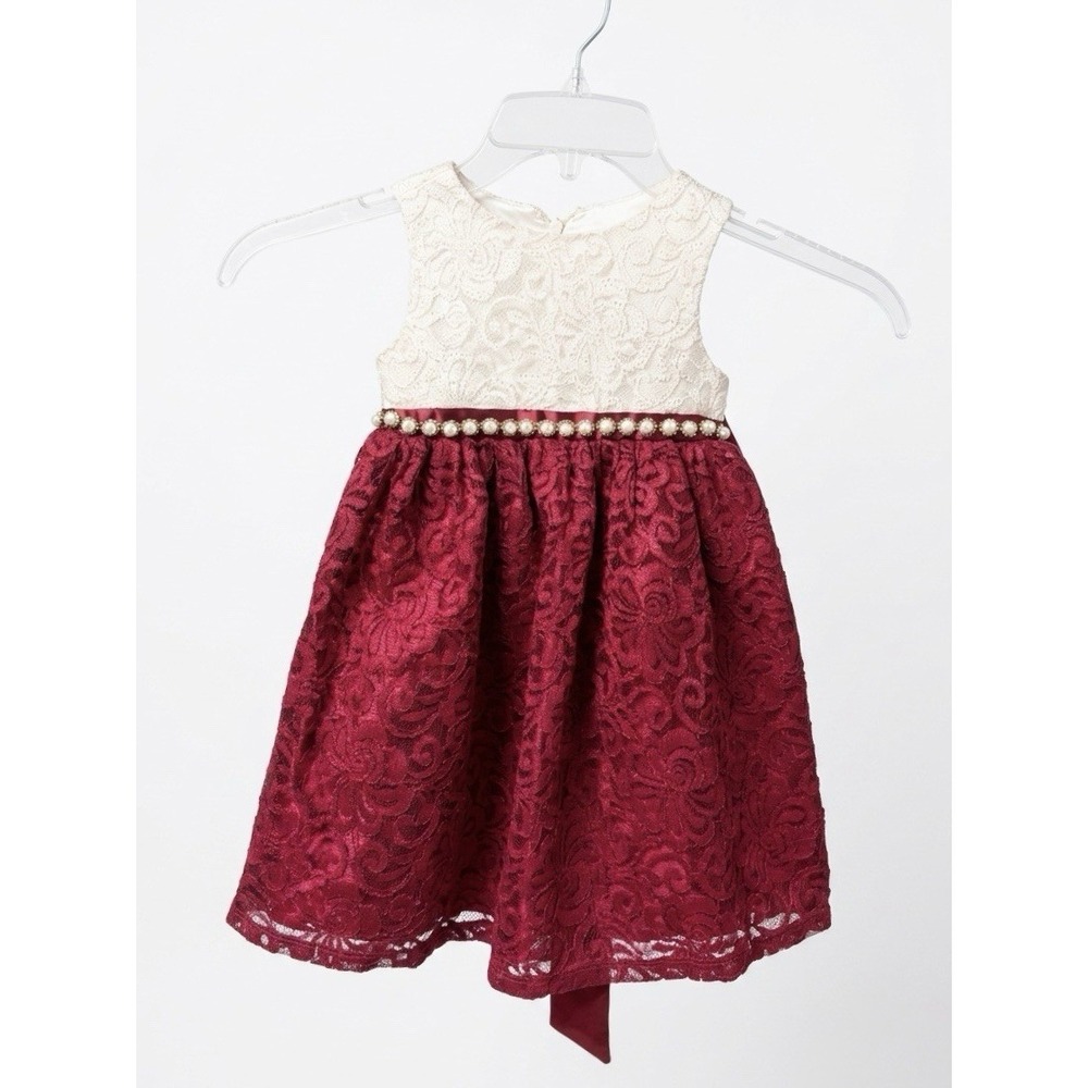 American Princess Girls 2T Ivory Lace Burgundy Pearl Waist Holiday Dress